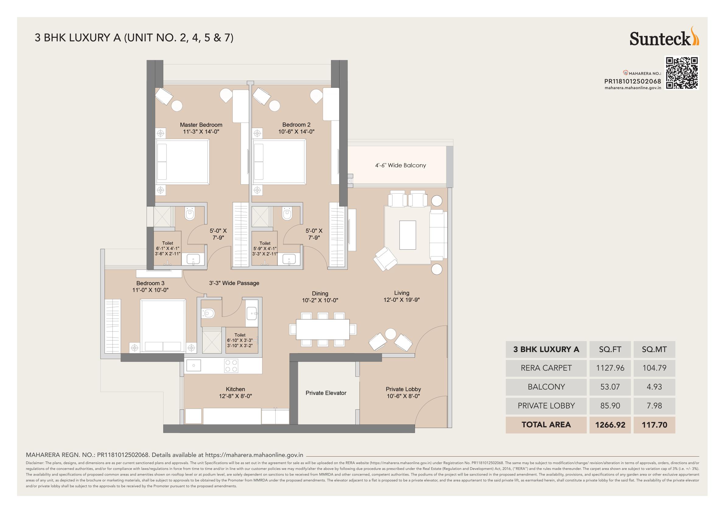3 BHK Floor Plan - 1267 sq ft